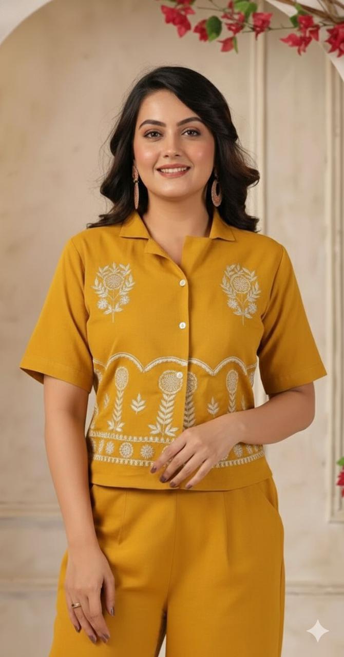 Yellow Cotton Flex Embroidered Co-ord Set Shirt & Plazzo
