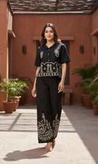 Black Cotton Flex Embroidered Co-ord Set Shirt & Plazzo