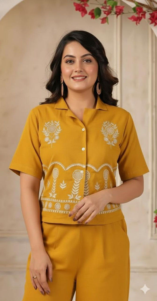 Yellow Cotton Flex Embroidered Co-ord Set Shirt & Plazzo