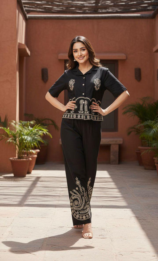 Black Cotton Flex Embroidered Co-ord Set Shirt & Plazzo