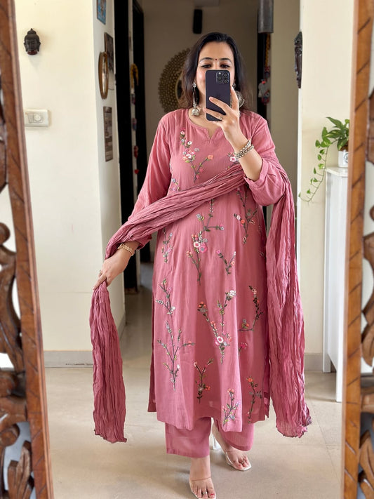 Pink Embroidered Cotton Kurti Pant Dupatta Set – 60×60 Pure Cotton Handwork Suit for Women