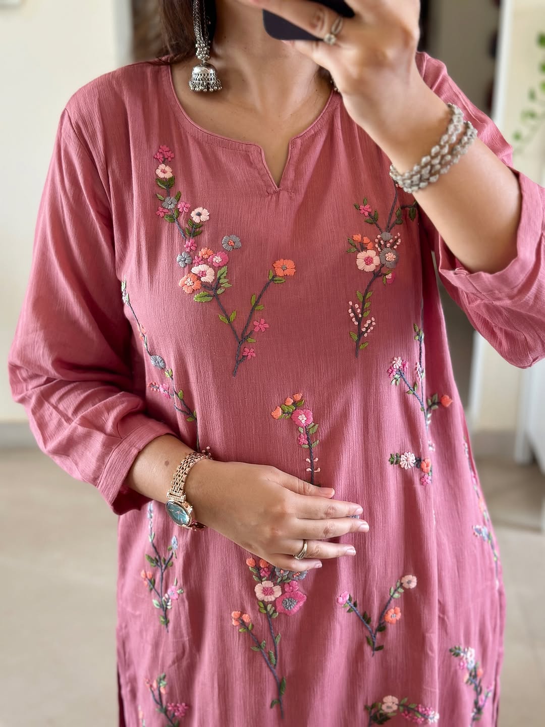 Pink Embroidered Cotton Kurti Pant Dupatta Set – 60×60 Pure Cotton Handwork Suit for Women