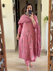 Pink Embroidered Cotton Kurti Pant Dupatta Set – 60×60 Pure Cotton Handwork Suit for Women