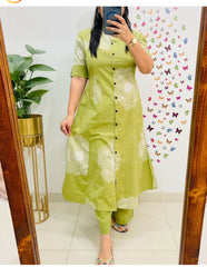 Green Pure Mal Cotton Jaipur Print Coord Set with Embroidery – Premium Cotton Kurti Pant