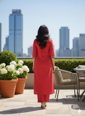 Red Cotton Flex Embroidered Kurti Plazo Set – Stylish Ethnic Wear for Women