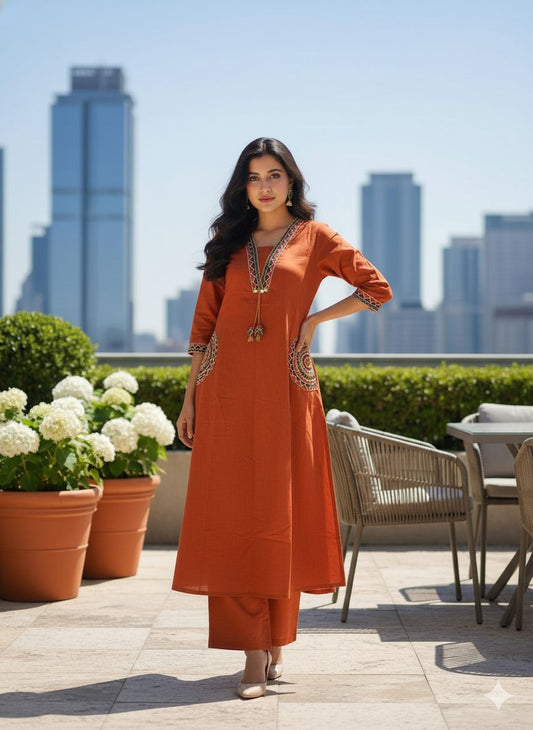 Rust Cotton Flex Embroidered Kurti Plazo Set – Stylish Hand-Embroidery Suit for Women
