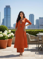 Rust Cotton Flex Embroidered Kurti Plazo Set – Stylish Hand-Embroidery Suit for Women
