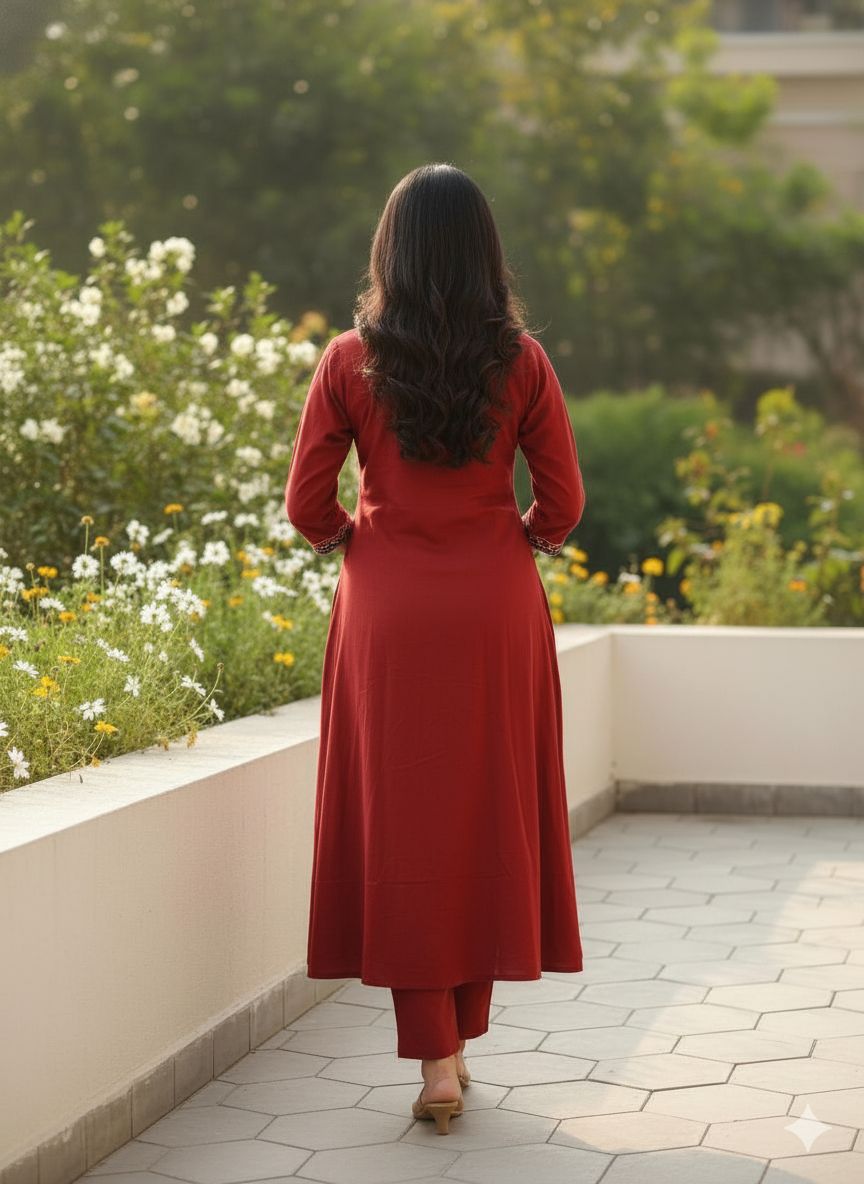 Maroon Embroidered Cotton Flex Kurti Plazo Set – Premium Daily & Office Wear Suit