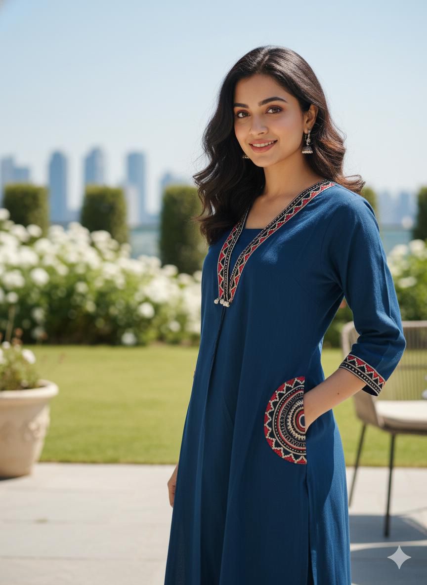 Navy Blue Embroidered Cotton Flex Kurti Plazo Set – Premium Ethnic Wear for Women