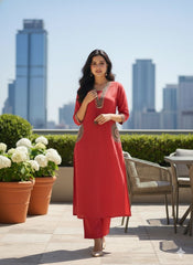 Red Cotton Flex Embroidered Kurti Plazo Set – Stylish Ethnic Wear for Women