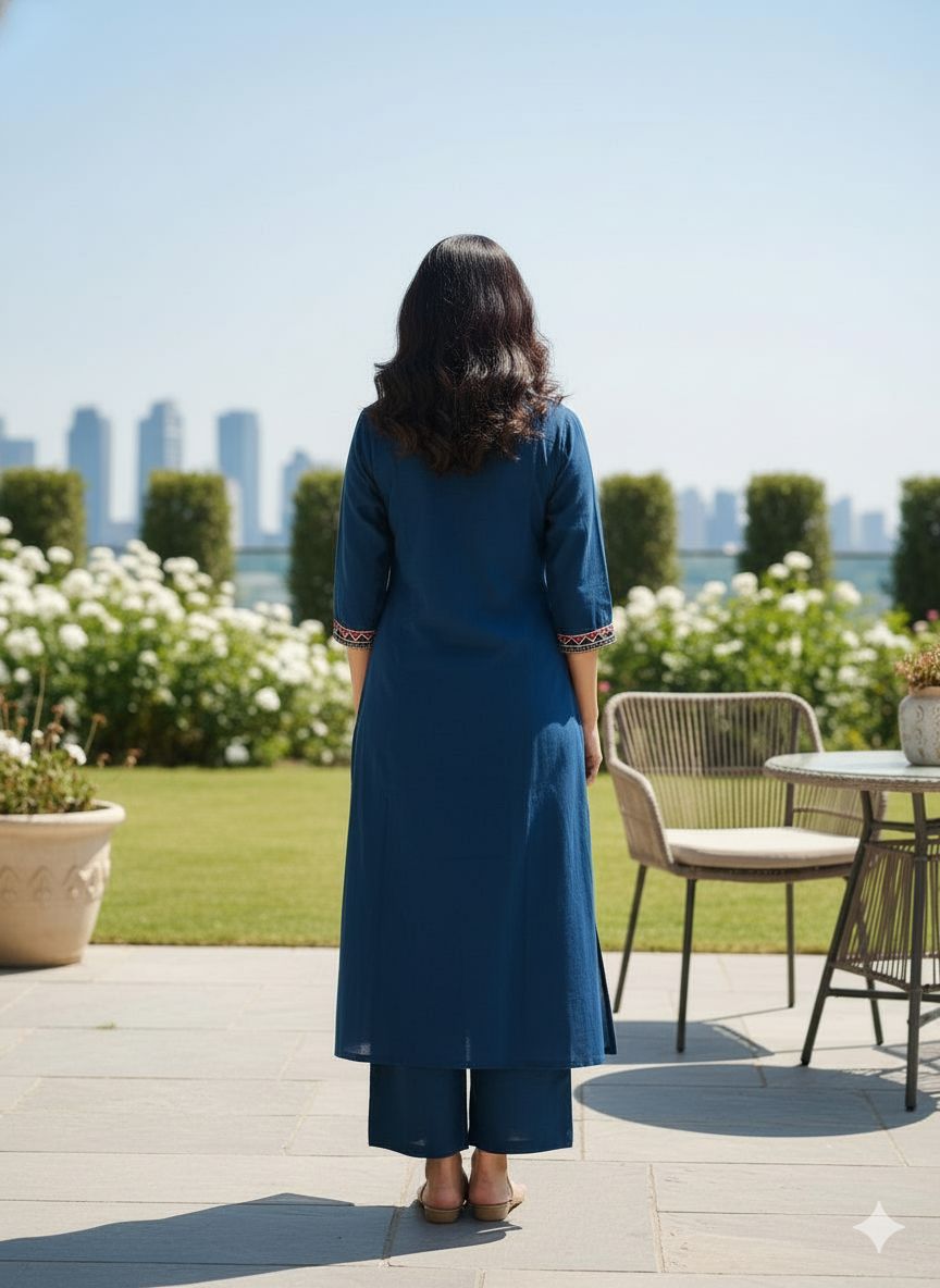 Navy Blue Embroidered Cotton Flex Kurti Plazo Set – Premium Ethnic Wear for Women