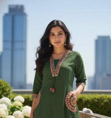 Green Cotton Flex Embroidered Kurti Plazo Set for Women – Premium Daily & Office Wear
