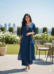 Navy Blue Embroidered Cotton Flex Kurti Plazo Set – Premium Ethnic Wear for Women