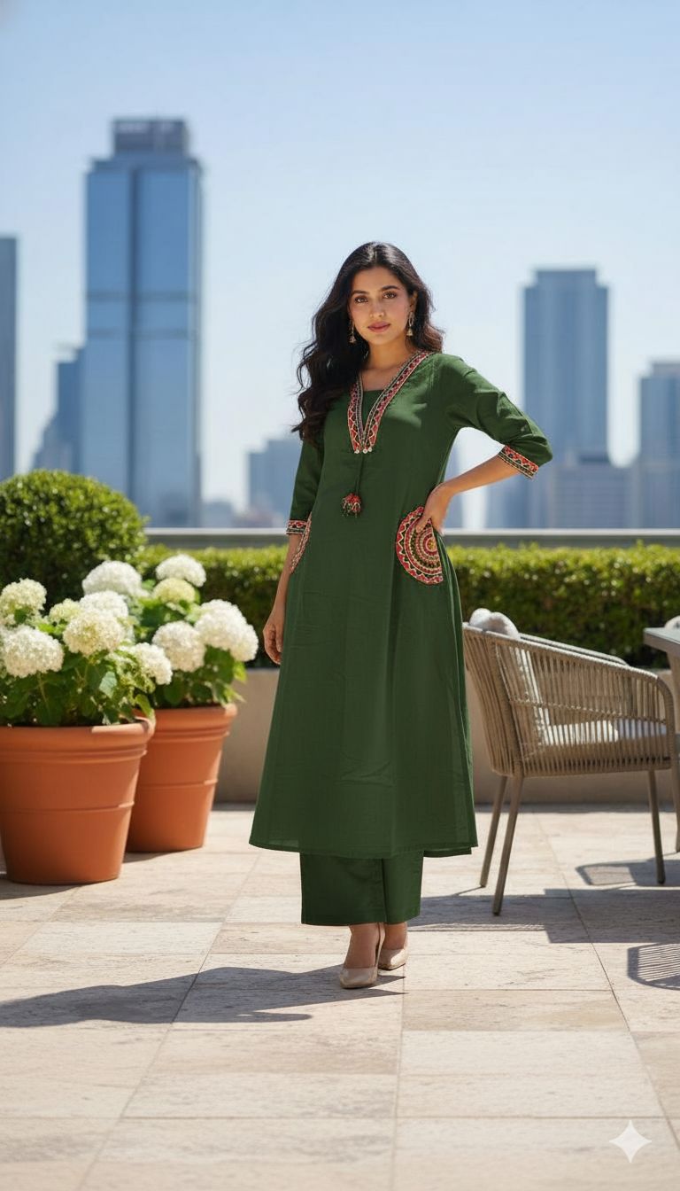 Green Cotton Flex Embroidered Kurti Plazo Set for Women – Premium Daily & Office Wear