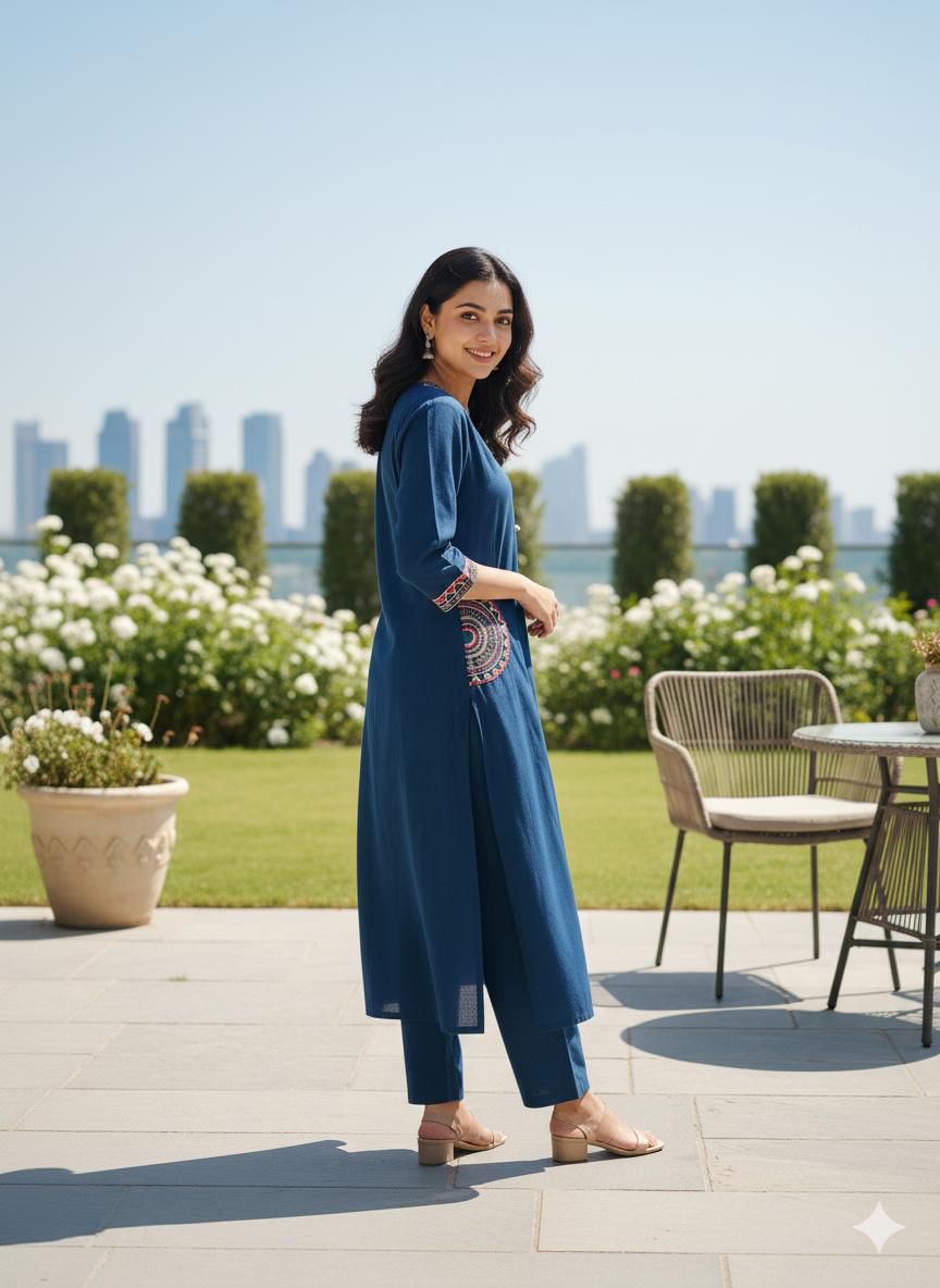Navy Blue Embroidered Cotton Flex Kurti Plazo Set – Premium Ethnic Wear for Women