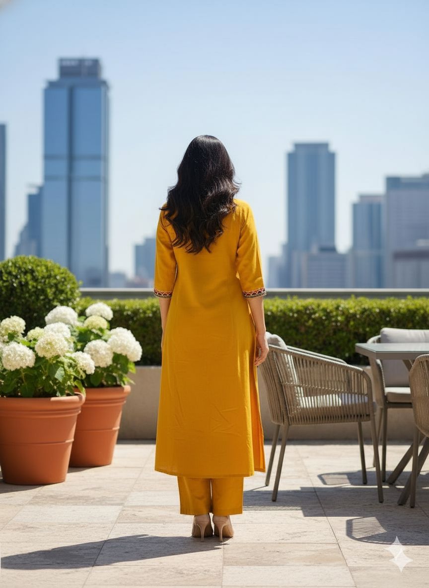 Mustard Cotton Flex Embroidered Kurti Plazo Set – Elegant Everyday Wear for Women