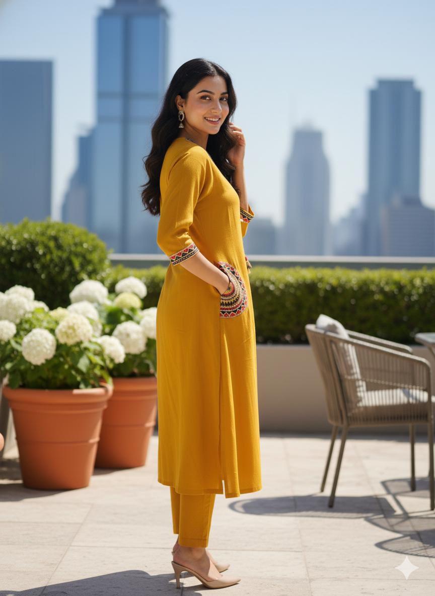 Mustard Cotton Flex Embroidered Kurti Plazo Set – Elegant Everyday Wear for Women