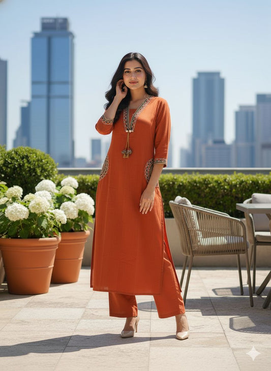 Rust Cotton Flex Embroidered Kurti Plazo Set – Stylish Hand-Embroidery Suit for Women