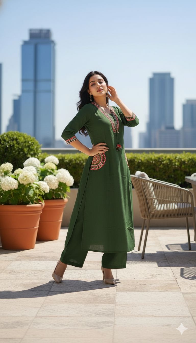 Green Cotton Flex Embroidered Kurti Plazo Set for Women – Premium Daily & Office Wear