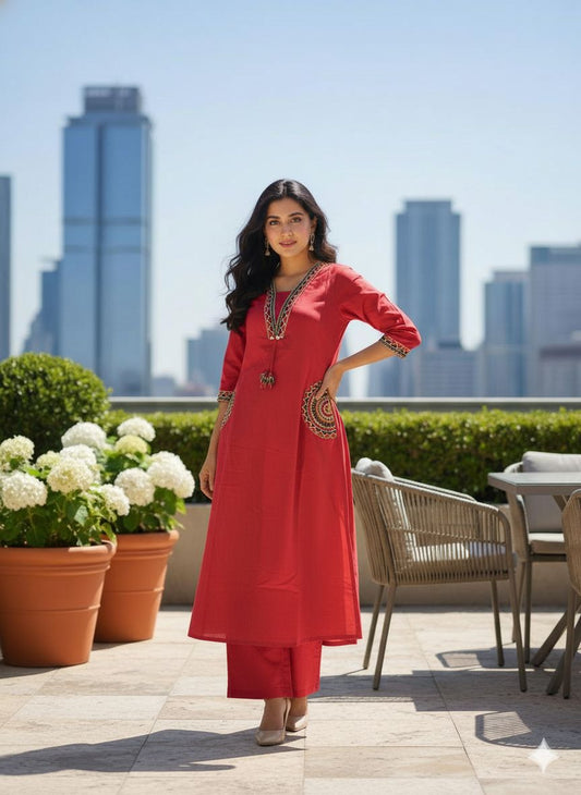 Red Cotton Flex Embroidered Kurti Plazo Set – Stylish Ethnic Wear for Women