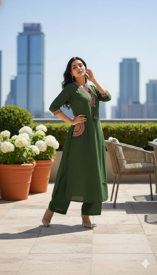 Green Cotton Flex Embroidered Kurti Plazo Set for Women – Premium Daily & Office Wear