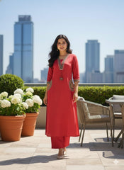 Red Cotton Flex Embroidered Kurti Plazo Set – Stylish Ethnic Wear for Women