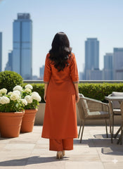 Rust Cotton Flex Embroidered Kurti Plazo Set – Stylish Hand-Embroidery Suit for Women