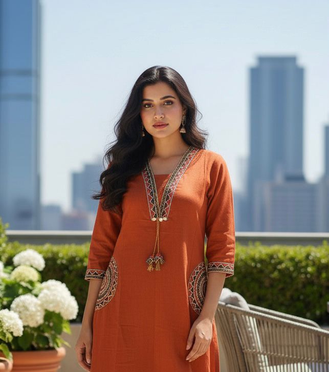 Rust Cotton Flex Embroidered Kurti Plazo Set – Stylish Hand-Embroidery Suit for Women