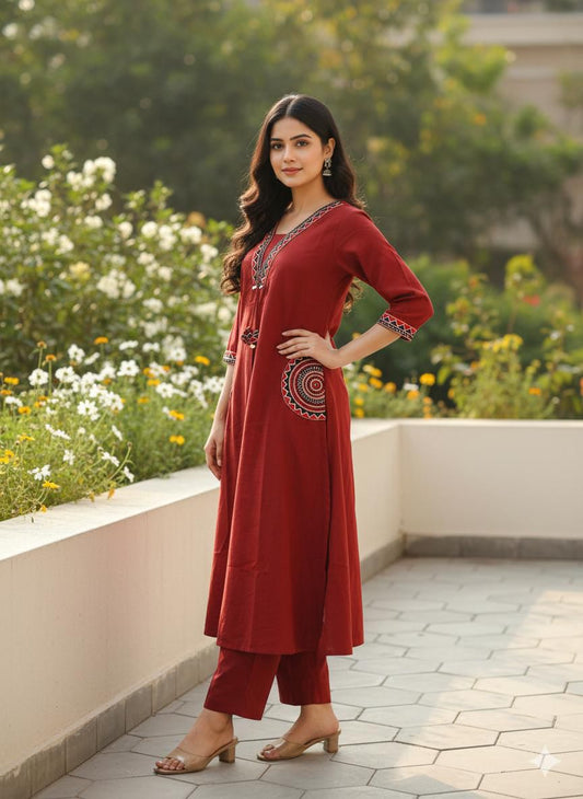 Maroon Embroidered Cotton Flex Kurti Plazo Set – Premium Daily & Office Wear Suit