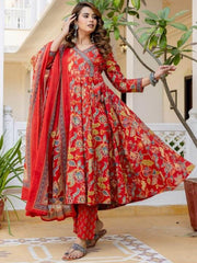 Red Angrakha Cotton Anarkali Set with Sequence Adda Work – Kurti Pant Dupatta Set