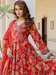 Red Angrakha Cotton Anarkali Set with Sequence Adda Work – Kurti Pant Dupatta Set