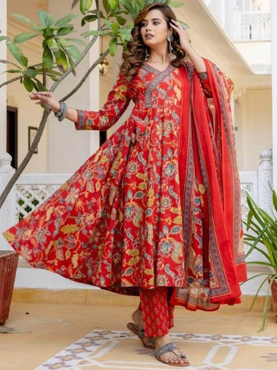 Red Angrakha Cotton Anarkali Set with Sequence Adda Work – Kurti Pant Dupatta Set