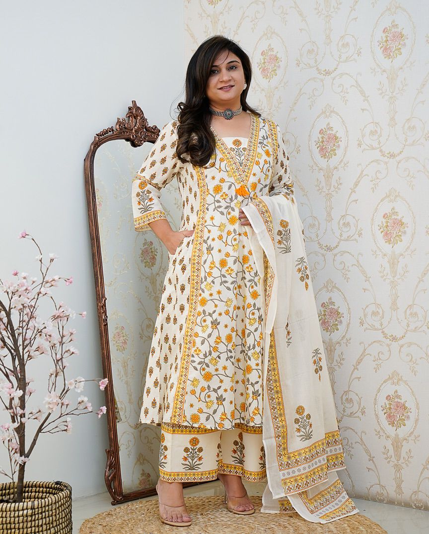 Elegant Yellow Floral Printed Cotton Kurti Set with Pant & Dupatta | Pure Cotton 60×60 | New Launch