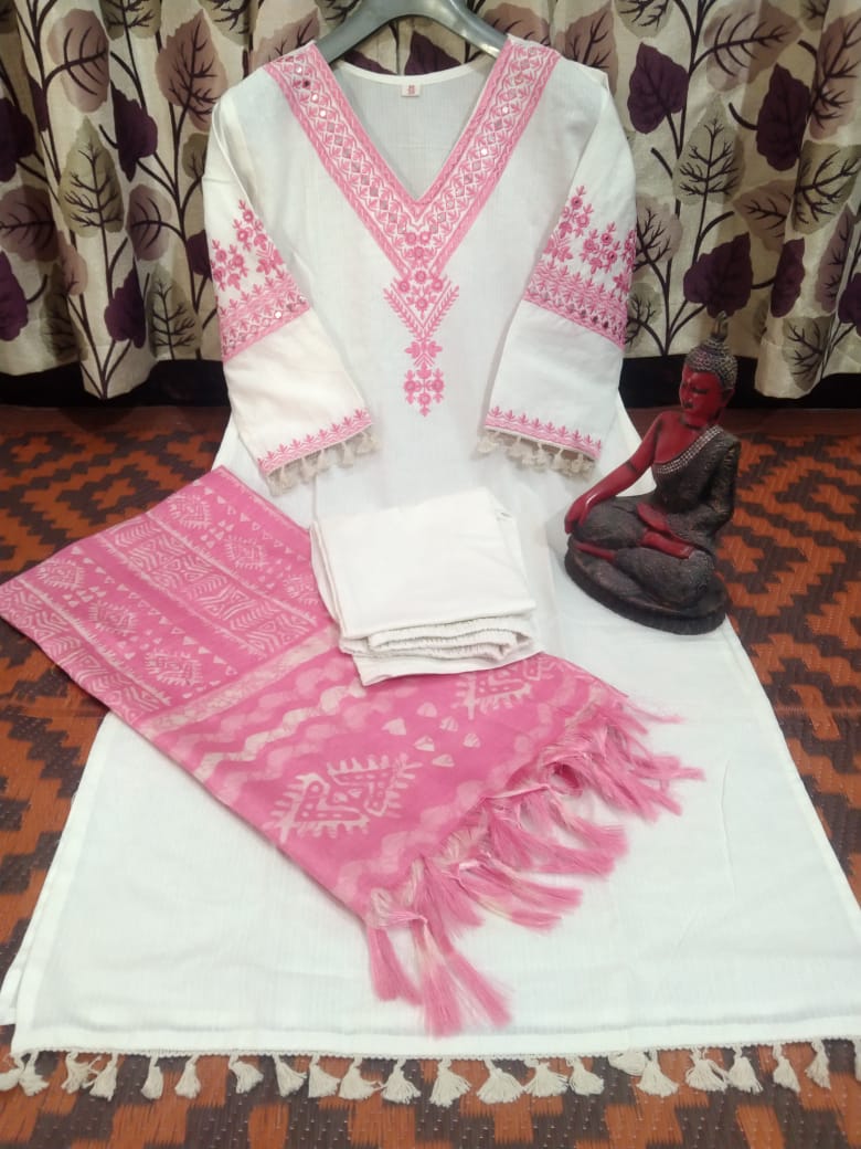 Pink Katha Cotton Embroidered Kurti Pant Dupatta Set – Premium 60×60 Cotton | Elegant Ethnic Women’s Wear