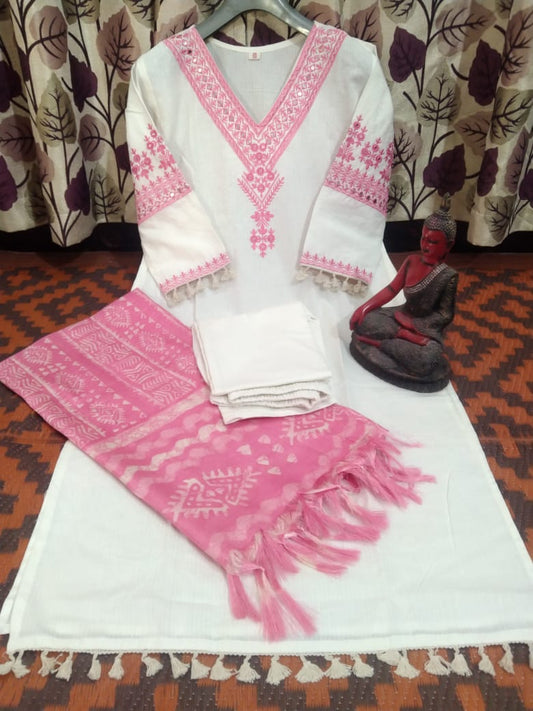 Pink Katha Cotton Embroidered Kurti Pant Dupatta Set – Premium 60×60 Cotton | Elegant Ethnic Women’s Wear