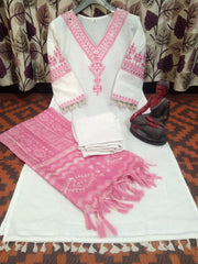 Pink Katha Cotton Embroidered Kurti Pant Dupatta Set – Premium 60×60 Cotton | Elegant Ethnic Women’s Wear