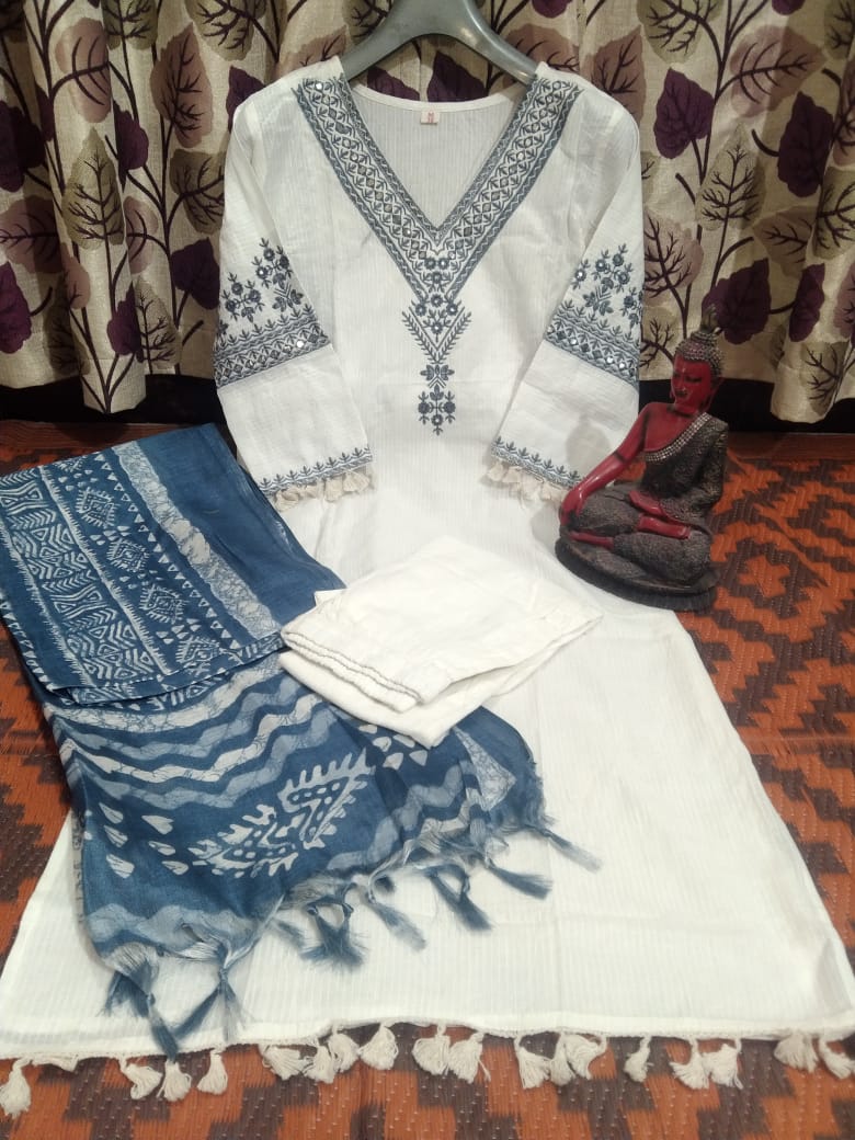 Blue Katha Cotton Embroidered Kurti Pant Dupatta Set – Premium 60×60 Cotton | Elegant Ethnic Wear for Women