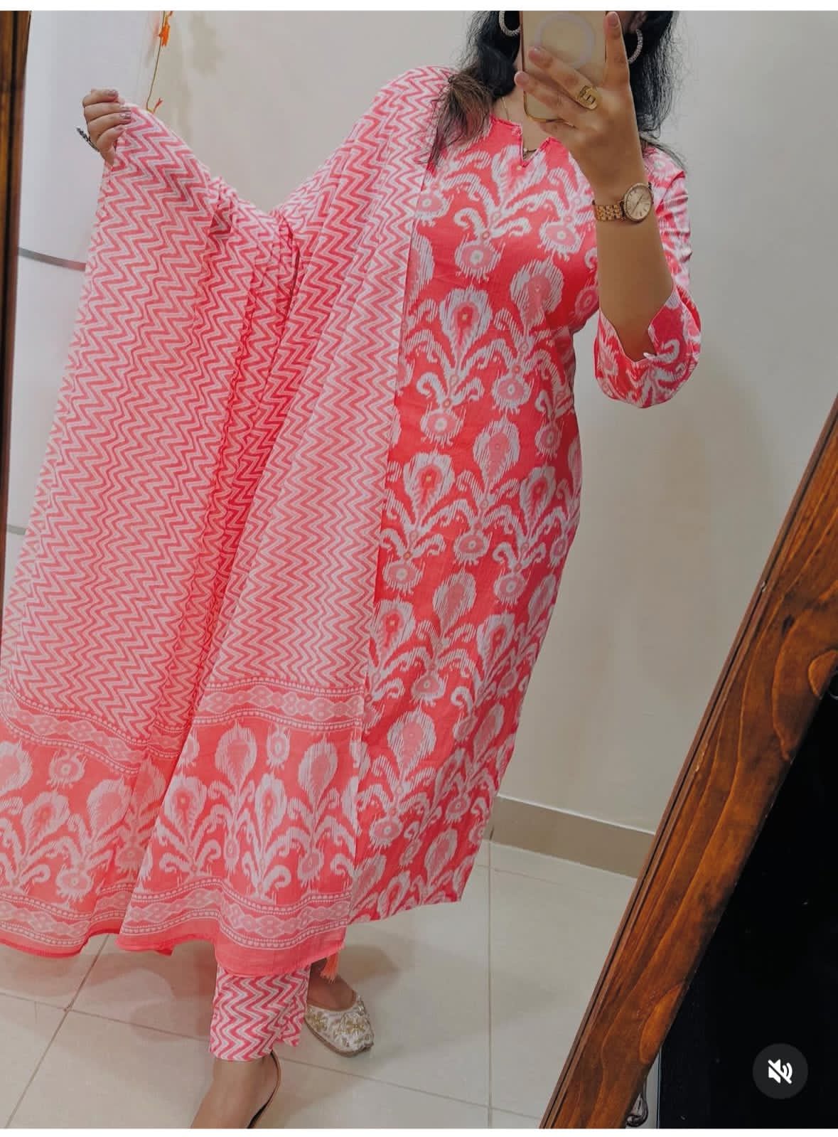 Elegant Pink Ikat Printed Cotton Suit Set with Dupatta & Pant | Handwork Kurta | Premium Daily Wear