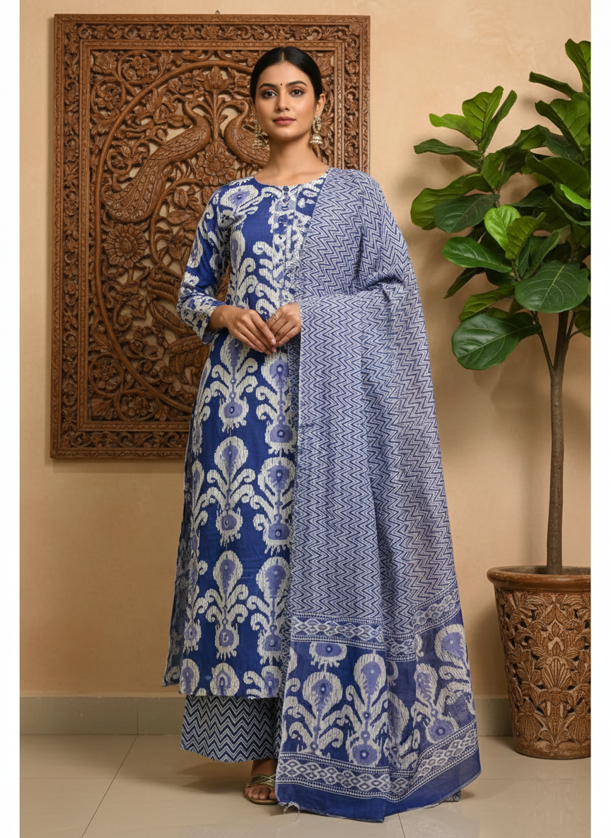 Navy Blue Ikat Cotton Suit Set | Handwork Kurta with Pant & Printed Dupatta | Daily Wear Collection
