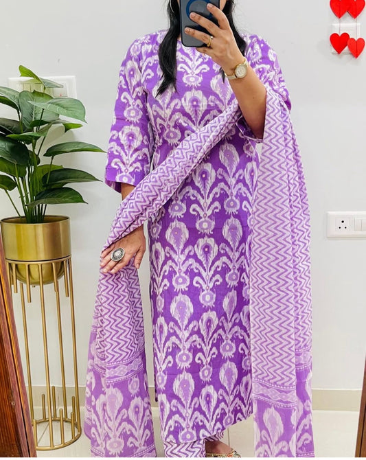 Premium Purple Ikat Printed Cotton Suit Set with Dupatta & Pant | Handwork Kurta | Sizes up to 3XL