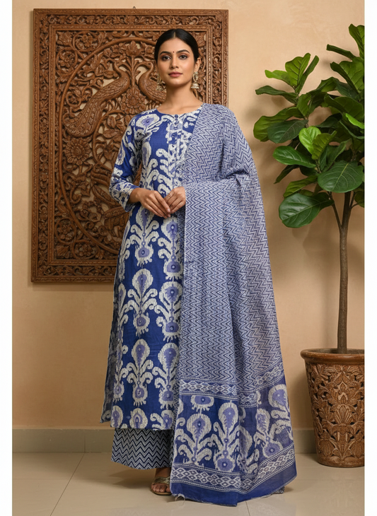 Navy Blue Ikat Cotton Suit Set | Handwork Kurta with Pant & Printed Dupatta | Daily Wear Collection