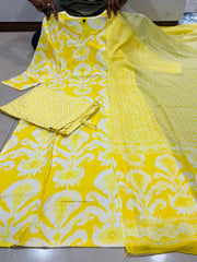 Bright Yellow Ikat Cotton Suit Set with Handwork Kurta, Pant & Dupatta | Summer Special | Sizes up to 46