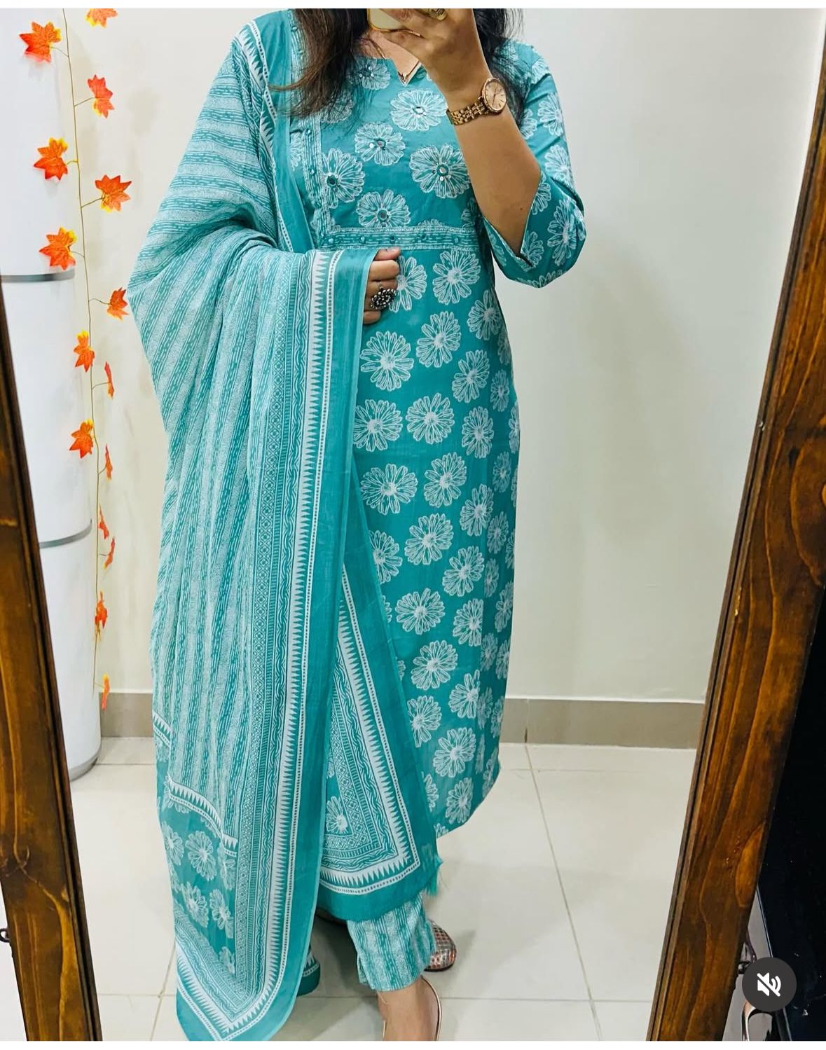 Turquoise Blue Pure Cotton Printed Suit Set for Women | 3-Piece Kurta Pant Dupatta | Floral Printed Kurta & Cotton Dupatta | Daily & Office Wear