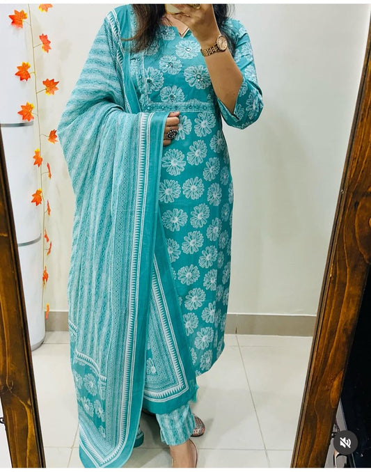 Turquoise Blue Pure Cotton Printed Suit Set for Women | 3-Piece Kurta Pant Dupatta | Floral Printed Kurta & Cotton Dupatta | Daily & Office Wear