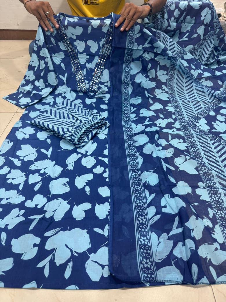 Premium 60×60 Cotton Embroidered Suit Set for Women | 3-Piece Kurta, Pant & Dupatta | Navy Blue Printed Casual & Festive Wear