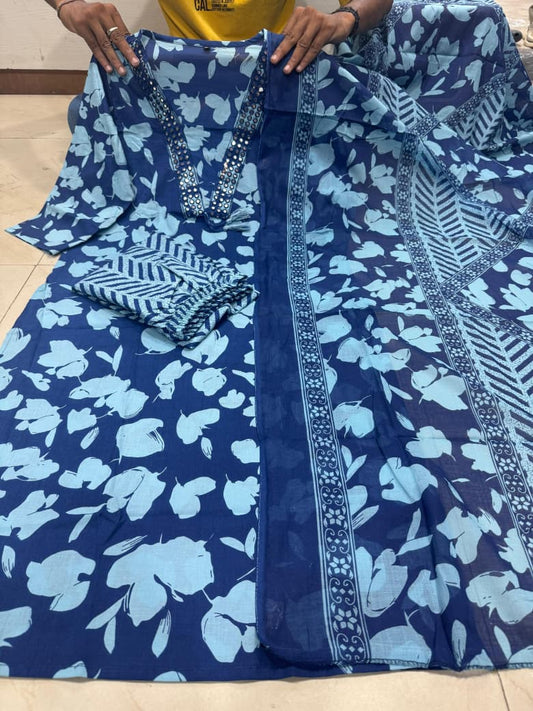 Premium 60×60 Cotton Embroidered Suit Set for Women | 3-Piece Kurta, Pant & Dupatta | Navy Blue Printed Casual & Festive Wear