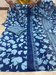 Premium 60×60 Cotton Embroidered Suit Set for Women | 3-Piece Kurta, Pant & Dupatta | Navy Blue Printed Casual & Festive Wear