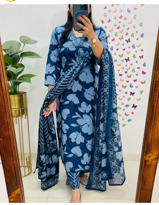 Premium 60×60 Cotton Embroidered Suit Set for Women | 3-Piece Kurta, Pant & Dupatta | Navy Blue Printed Casual & Festive Wear