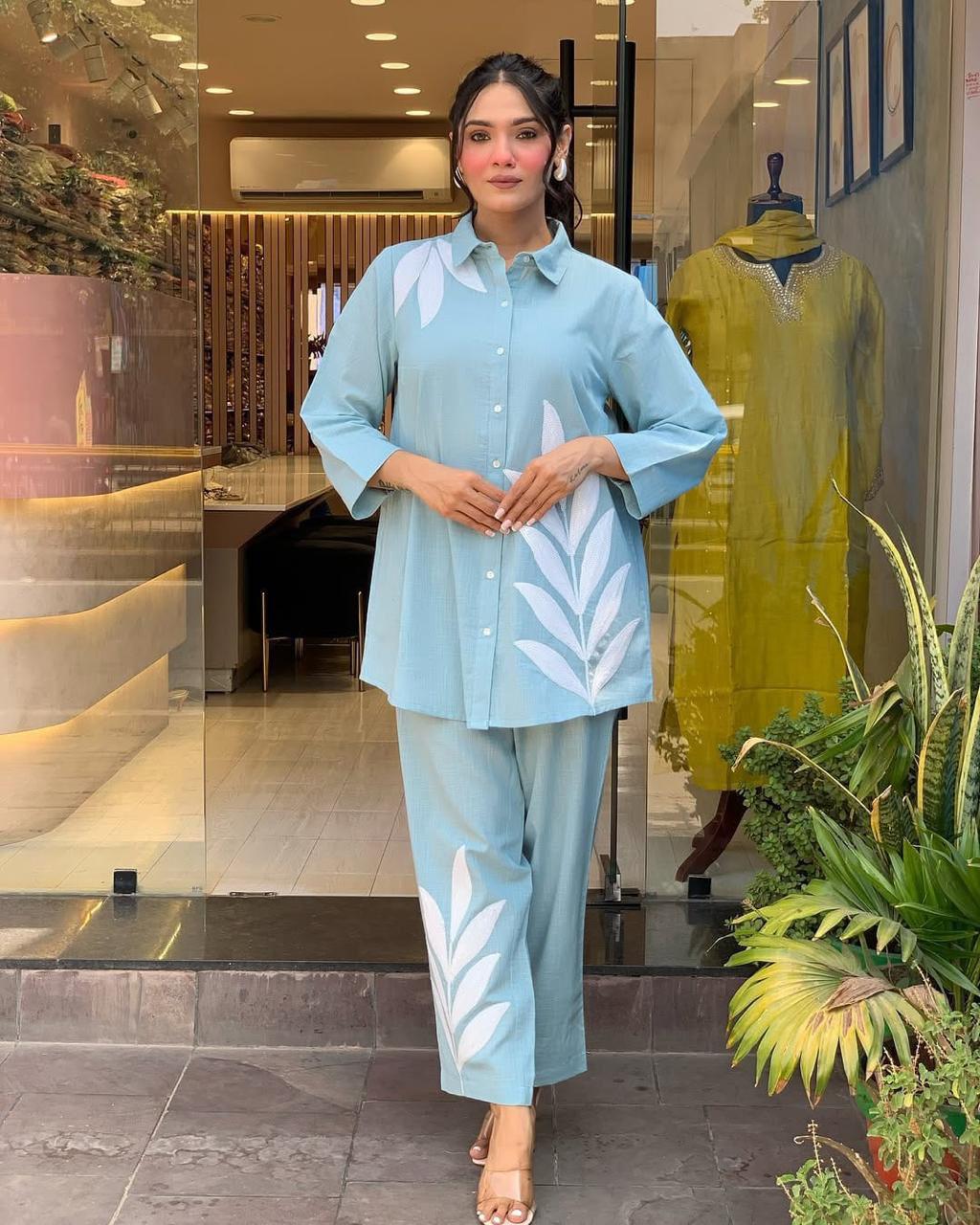 Cotton Slub Embroidered Co-ord Set for Women – Summer Special Casual Wear | Premium Embroidery | Sizes 38-44