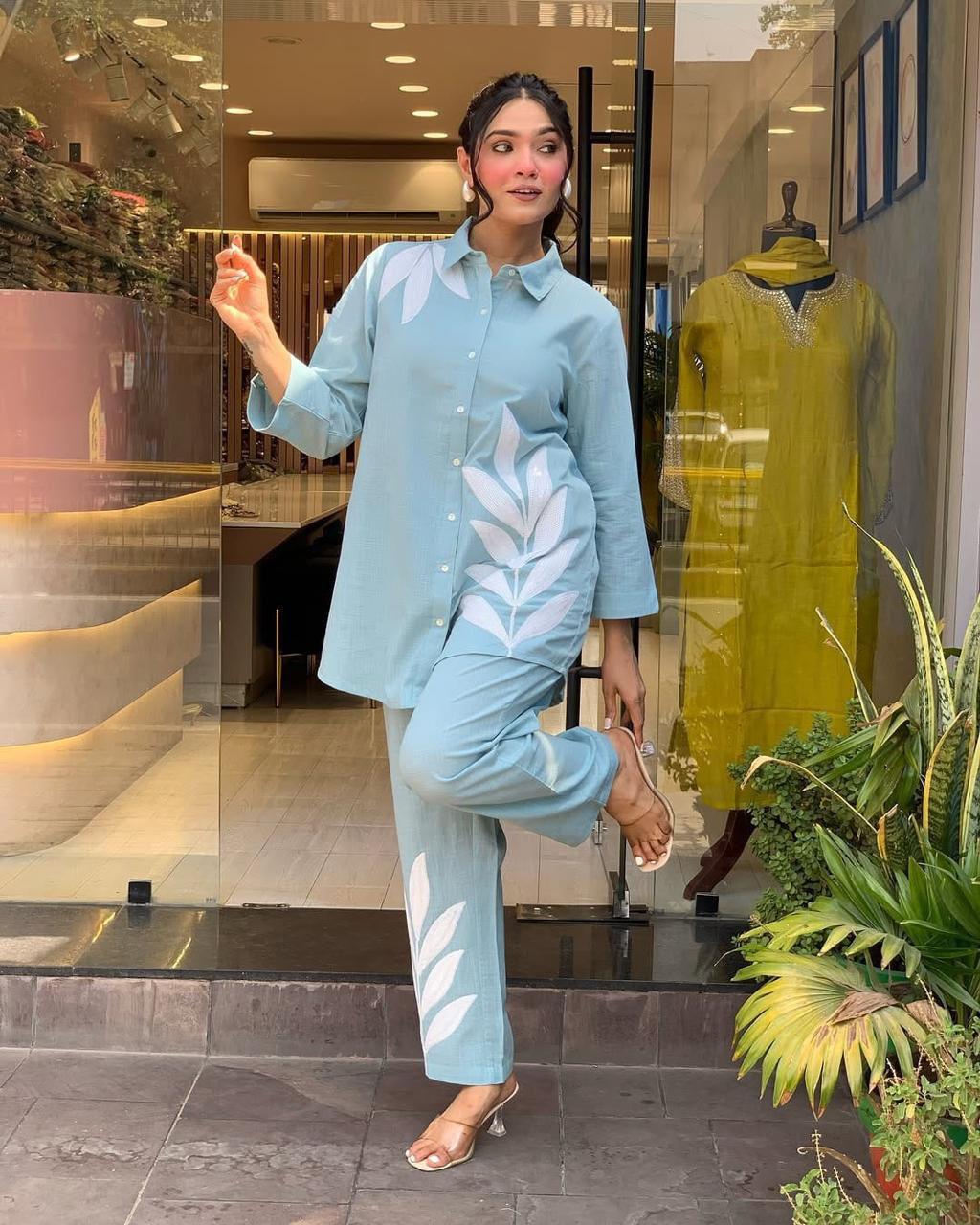 Cotton Slub Embroidered Co-ord Set for Women – Summer Special Casual Wear | Premium Embroidery | Sizes 38-44